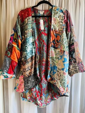 Kathmandu Artisan Boho Patchwork Colorful Gold Accent Open-Front Jacket Size OS